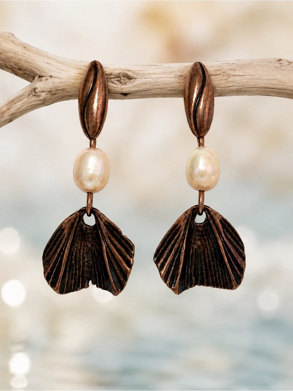 Freshwater Pearl Shell Post Earrings Antique Copper Artisan